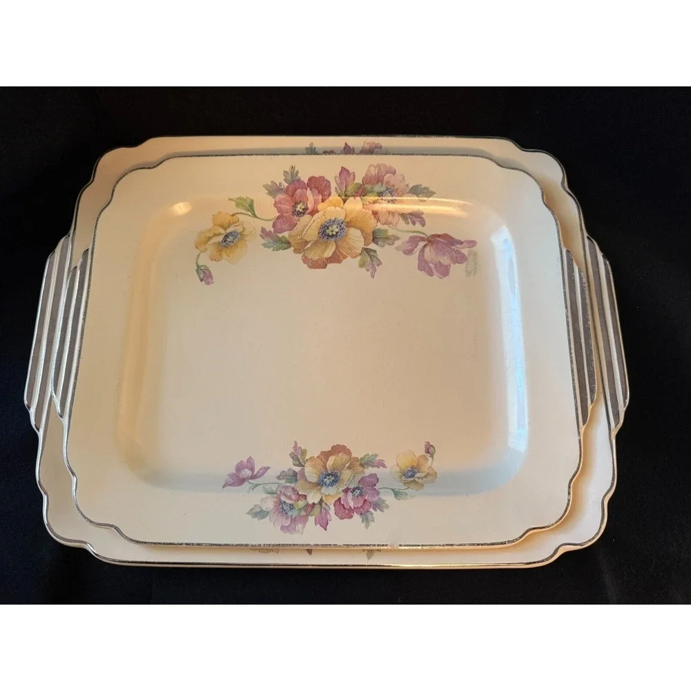 Wells Homer Laughlin‎ 13 x 10 PLATTER Century Shape Yellow Pink Flowers Art Deco